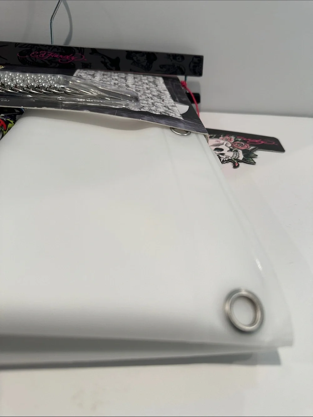 NWT Ed Hardy Tattoo Shadows (14) Piece Shower Curtain Set with Fabric/Plastic.